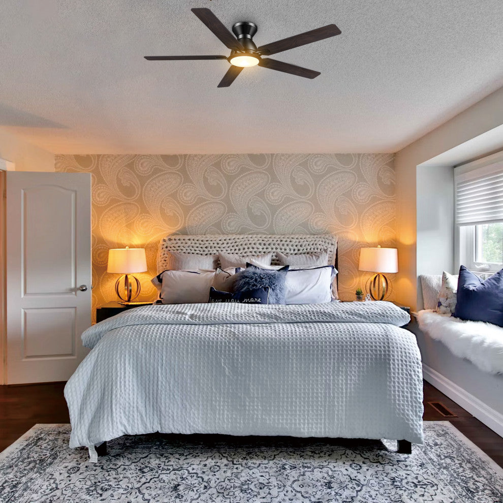 CARRO Flush Mount Ceiling Fan With Dim LED Light and Remote Smart 52" 5-Blade, Walnut