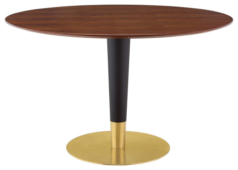 Dining Table, Round, Wood, Metal, Gold Brown Walnut, Modern, Restaurant
