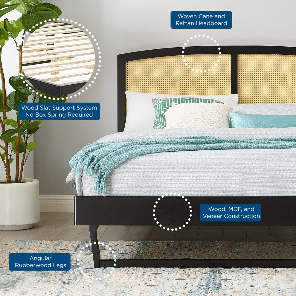 Platform Bed Frame, Queen Size, Wood, Black, Modern Mid-Century, Bedroom Master