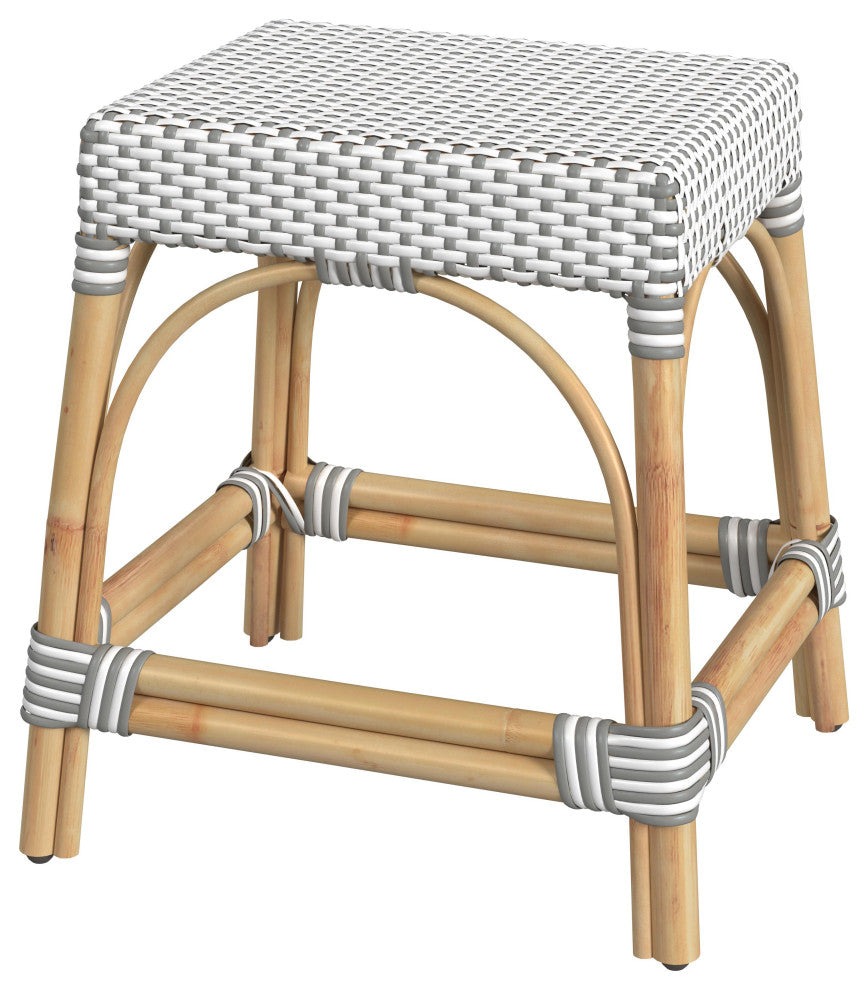 Robias Rattan Rectangular 18" Dining Stool, Gray/White Dot