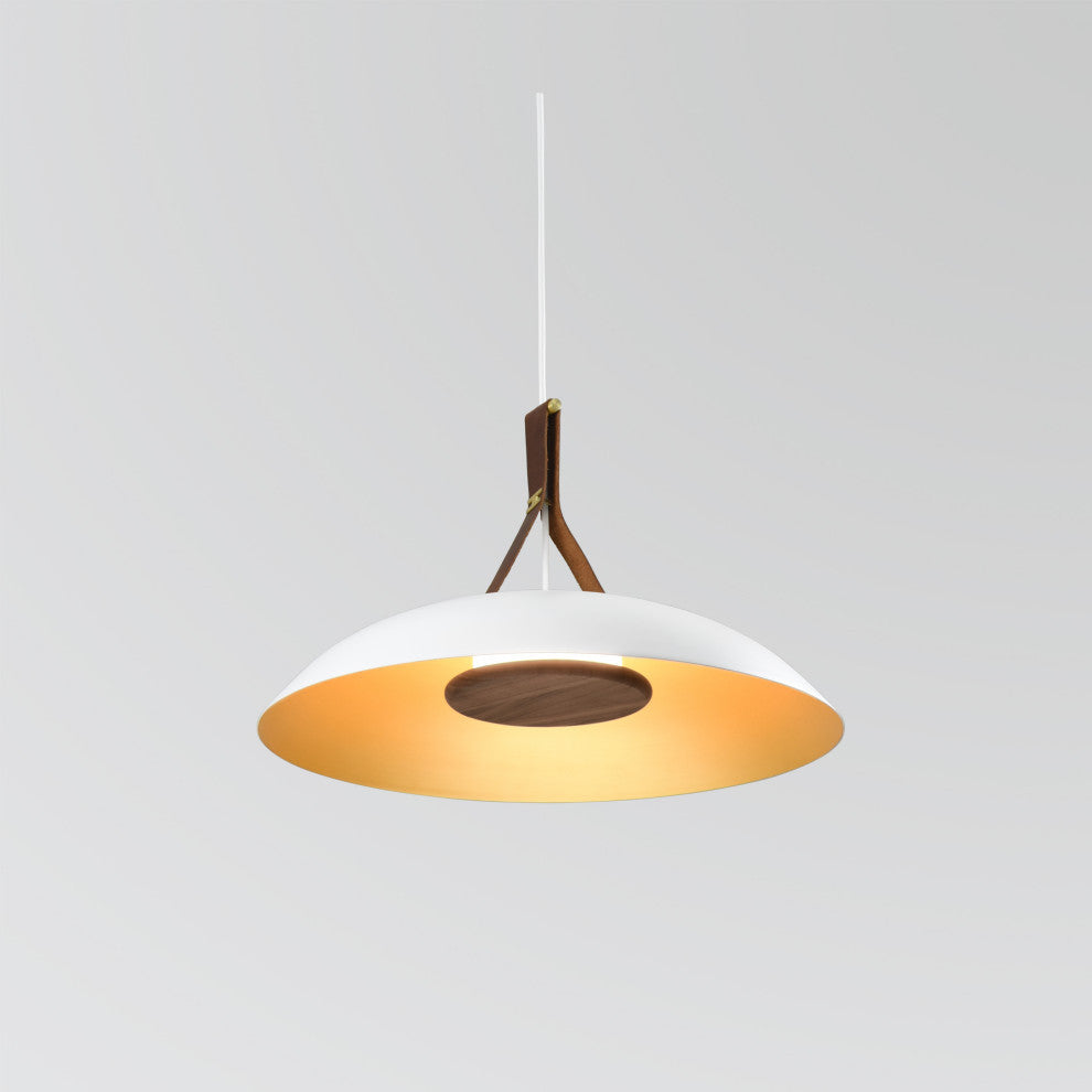 Volo LED Pendant, Cava - White Shade/Brushed Brass/Brown Leather/Walnut, 4000K
