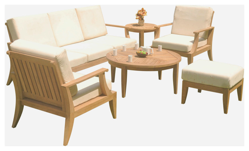 6-Piece Lagos Outdoor Teak Sofa Set With Sunbrella Cushions Spectrum Peacock