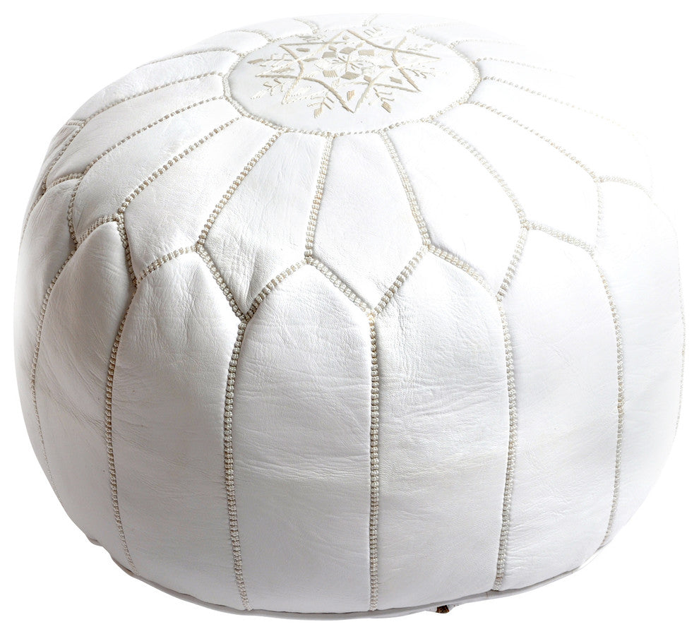 Moroccan Leather Pouf, White