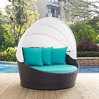 Convene Canopy Outdoor Wicker Rattan Daybed, Espresso Turquoise