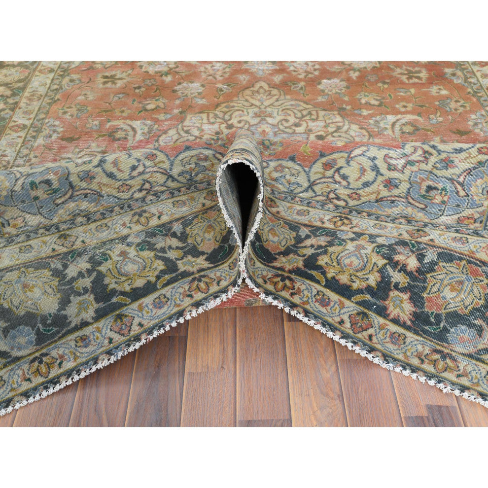 Apricot Color Worn Wool Hand Knotted Vintage Persian Kashan Rug 6'10" x 10'6"