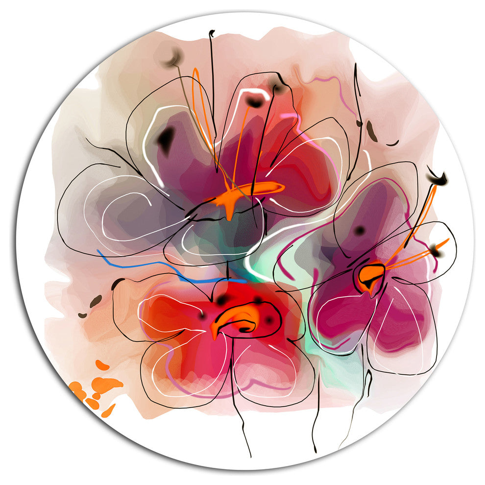 Red Blue Flower Illustration, Floral Disc Metal Wall Art, 38"