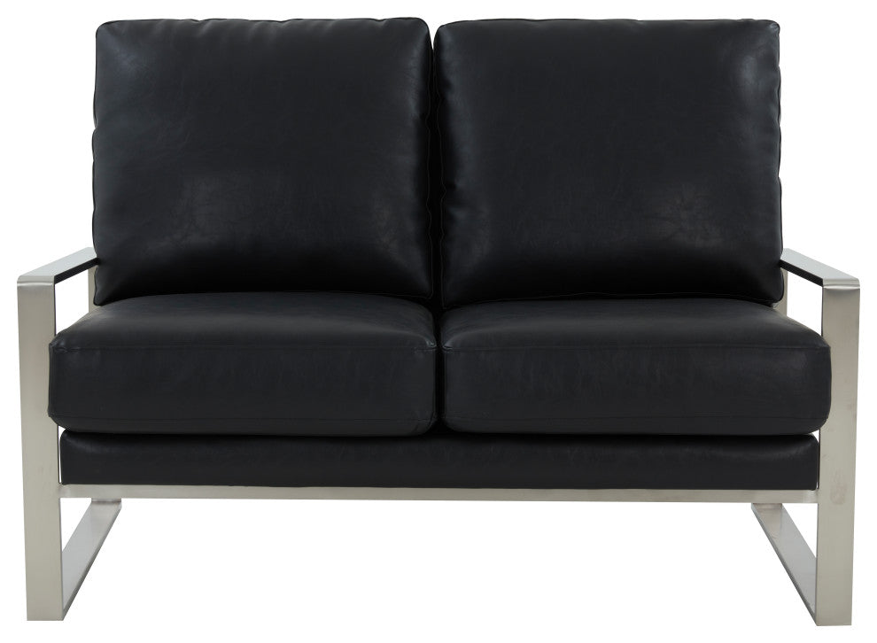 LeisureMod Jefferson Modern Faux Leather Loveseat With Silver Frame, Black
