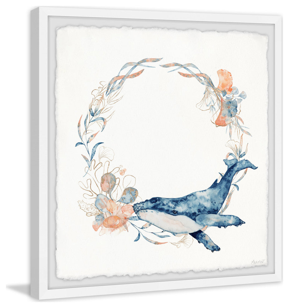 "Flower Crown Whale" Framed Painting Print, 18x18