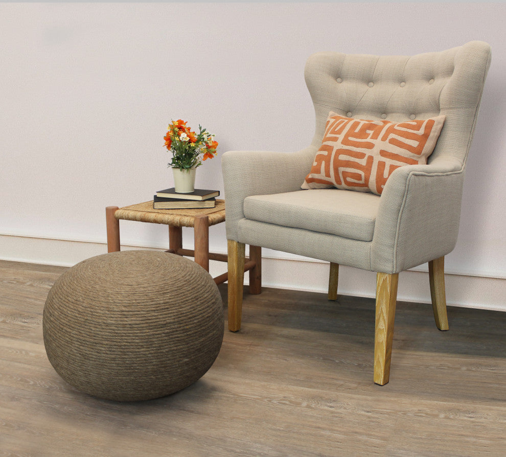 Ellie Round Pouf in Beige Wool With Polyester Filling