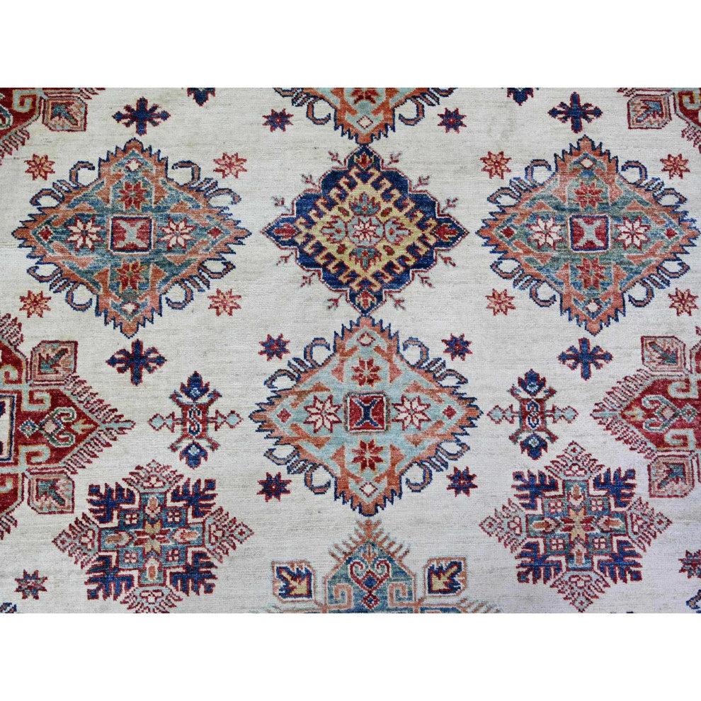 Smoky White Wool Hand Knotted Afghan Super Kazak Oriental Rug, 9'2"x11'10"