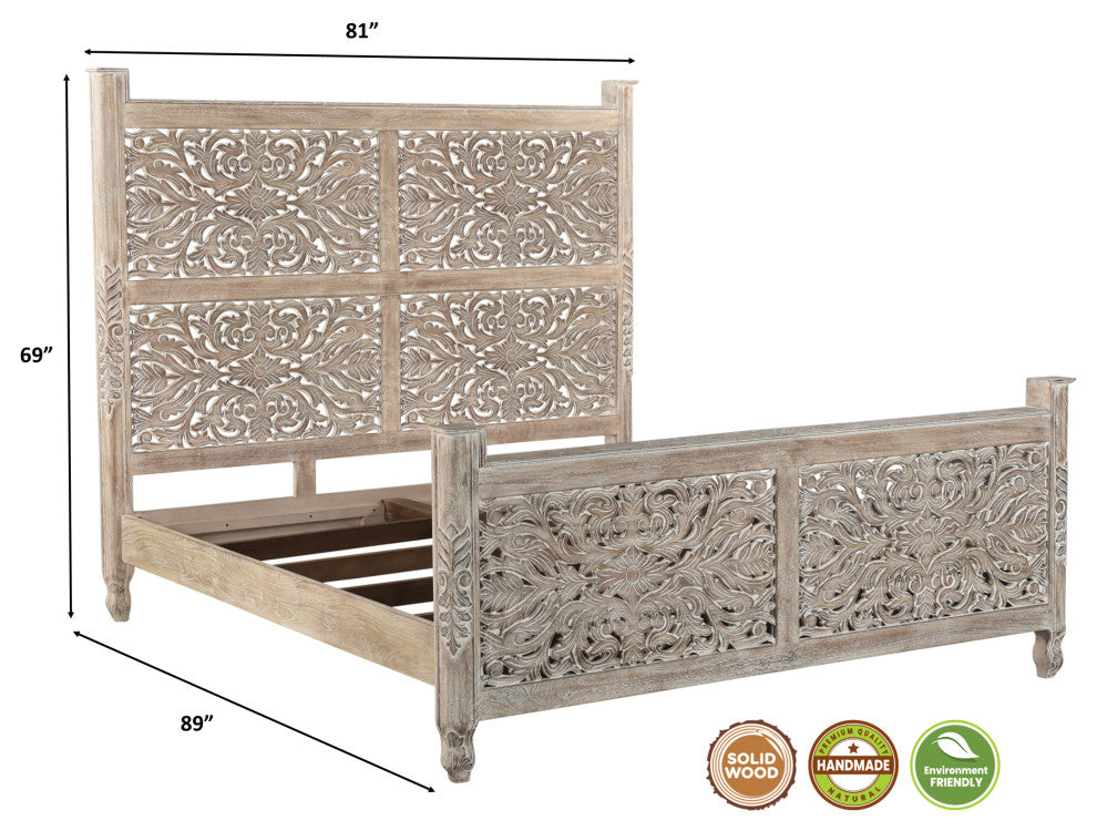 Delaney Floral Carved Bed, Limestone Gray, King