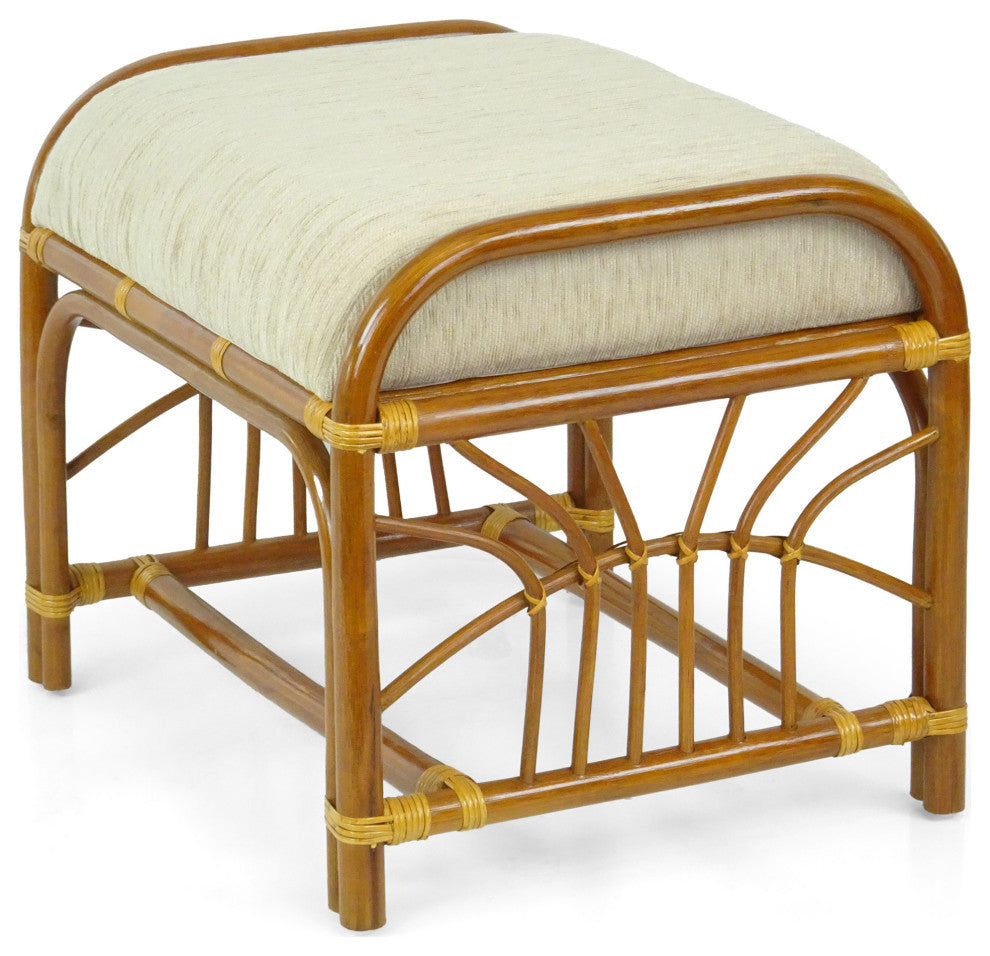 Ottoman Footstool Handmade ECO Natural Rattan Wicker with Cream Cushion, Colonial