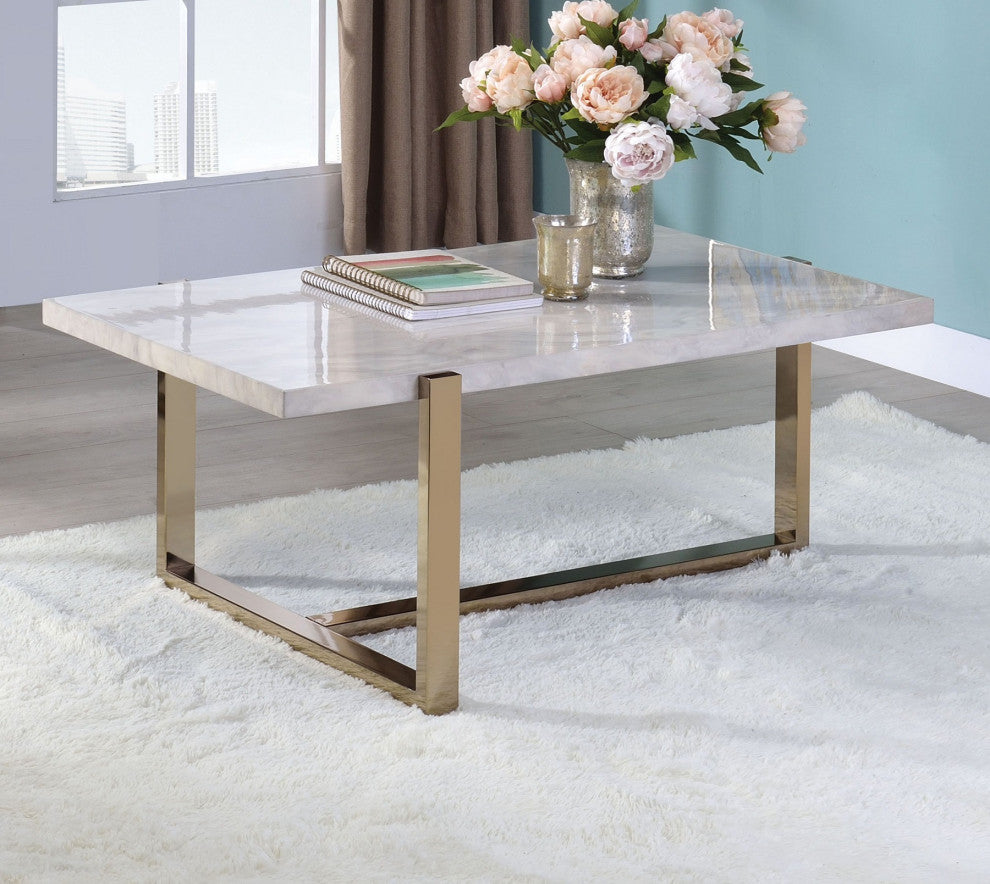 Champagne Finish Coffee Table With Faux Marble Top
