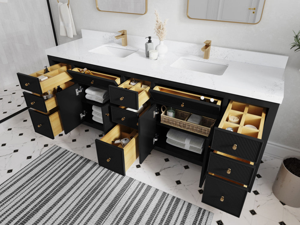 Sonoma 84 Double Sink Reeded Bath Vanity in Black 2" Calacatta Nuvo