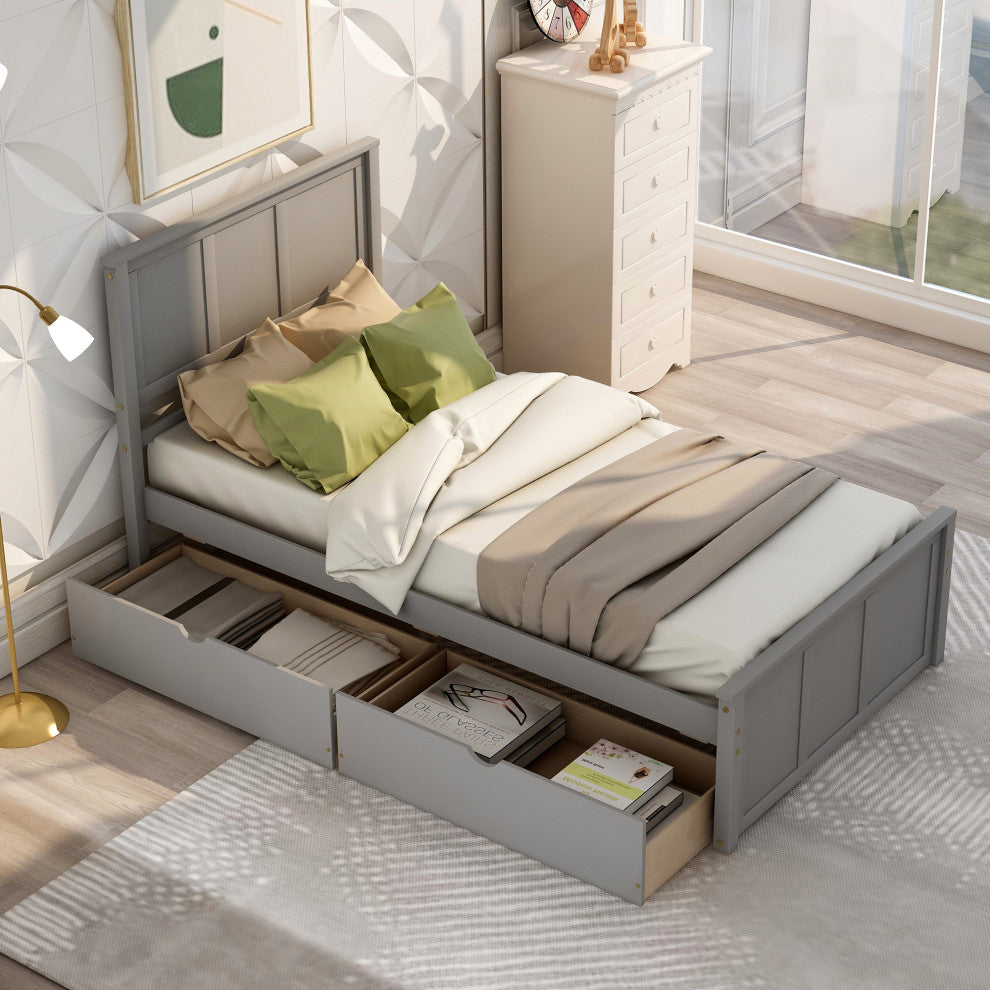 Gewnee Platform Storage Bed, 2 drawers with wheels, Twin Size Frame in Gray
