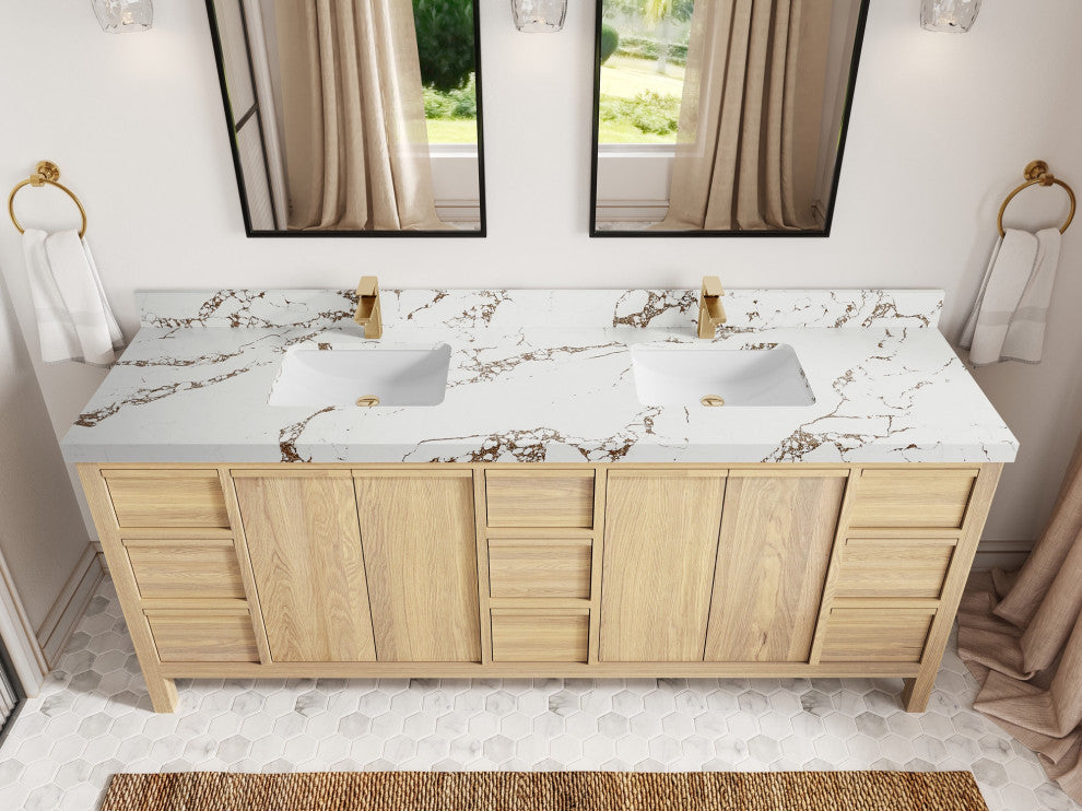 Elizabeth Oak 84" Double Sink Vanity, White 2" Viola Brown