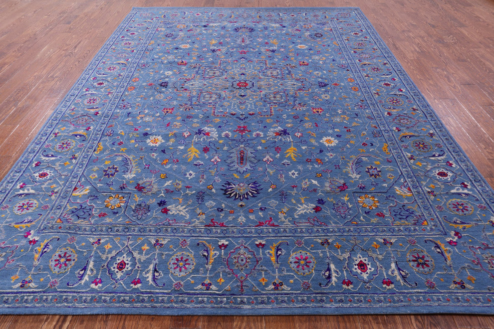 9' 2" X 12' 1" Wool & Silk Persian Heriz Serapi Handmade Rug - Q13686