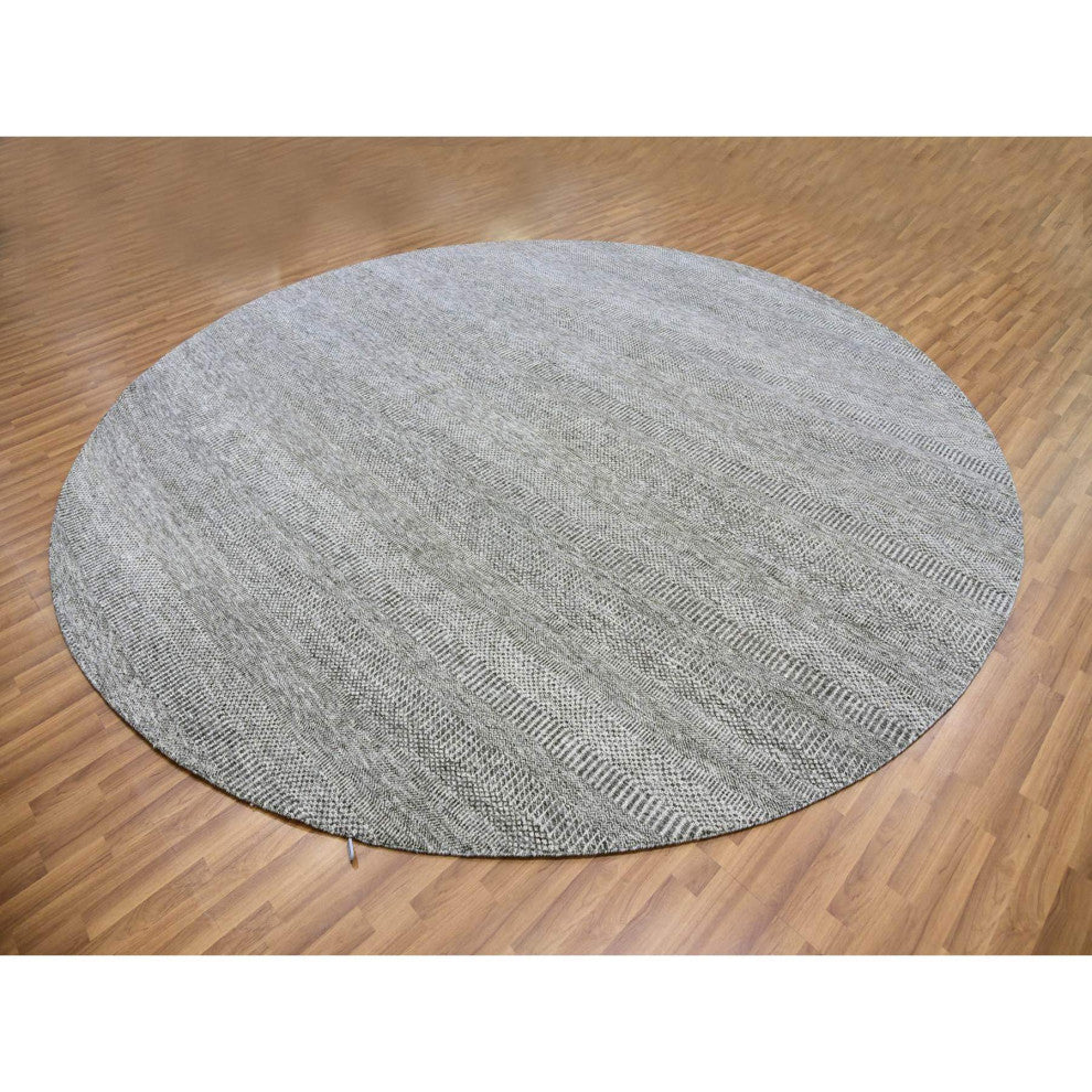 Storm Gray Grass Design Organic Undyed Wool Hand Knotted Round Rug 11'2"x11'2"