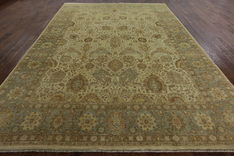 Oriental Hand-Knotted Ivory Chobi Peshawar Wool Rug, 9'x12'