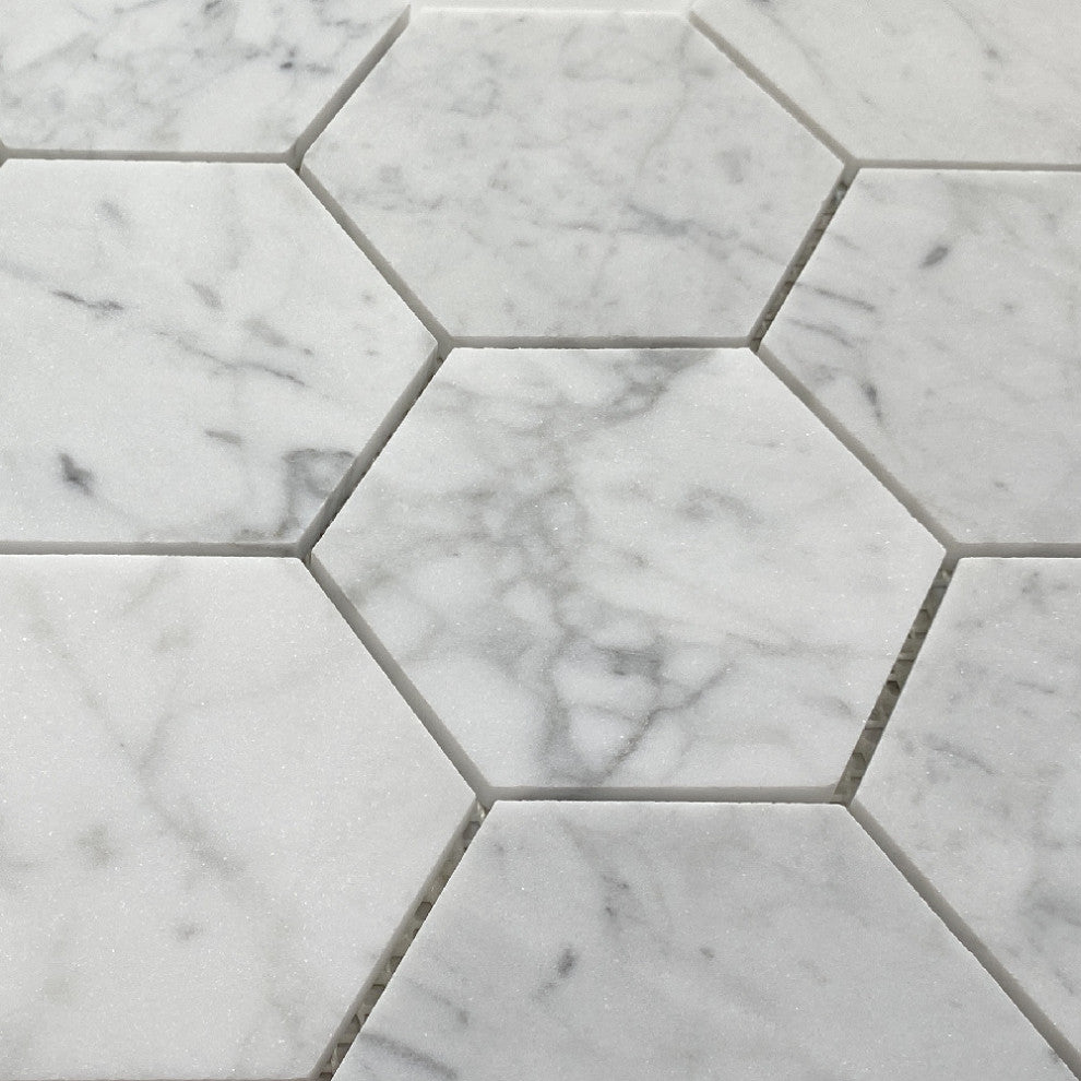 4" Honed Hexagon Carrara White Venato Carrera Marble Mosaic Floor Tile, 1 sheet