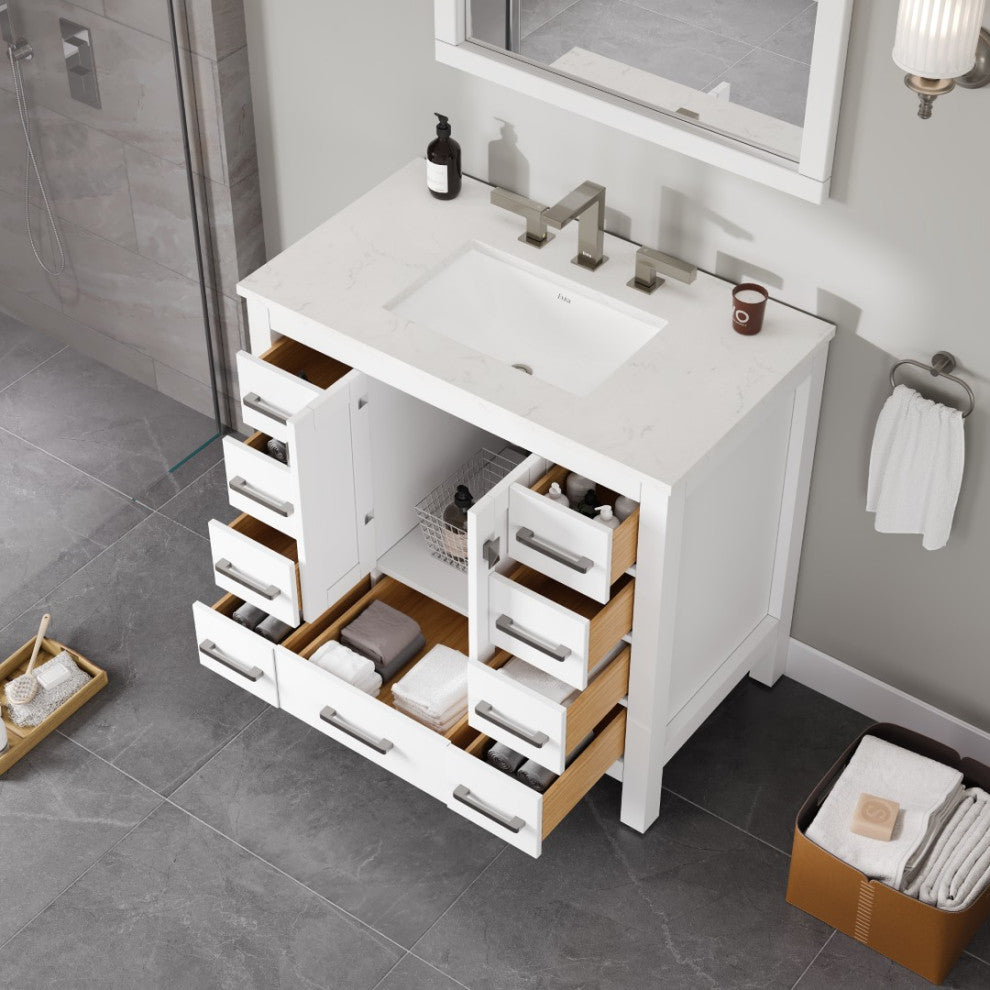 Eviva Hampton 36"W White Bathroom Vanity With White Carrara Quartz Countertop