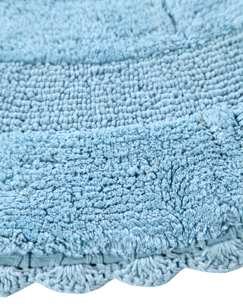 Saffron Fabs Bath Rug 36" Reversible Hand Knit Crochet Lace Border, Arctic Blue