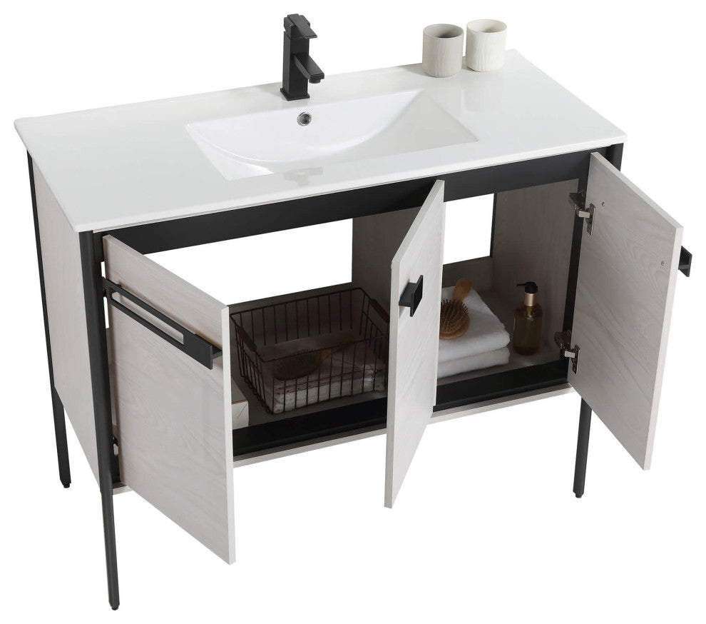Oakville Bath Vanity, Ceramic Sink, Mild Grey Oak, 42 Inch, Black Hardware