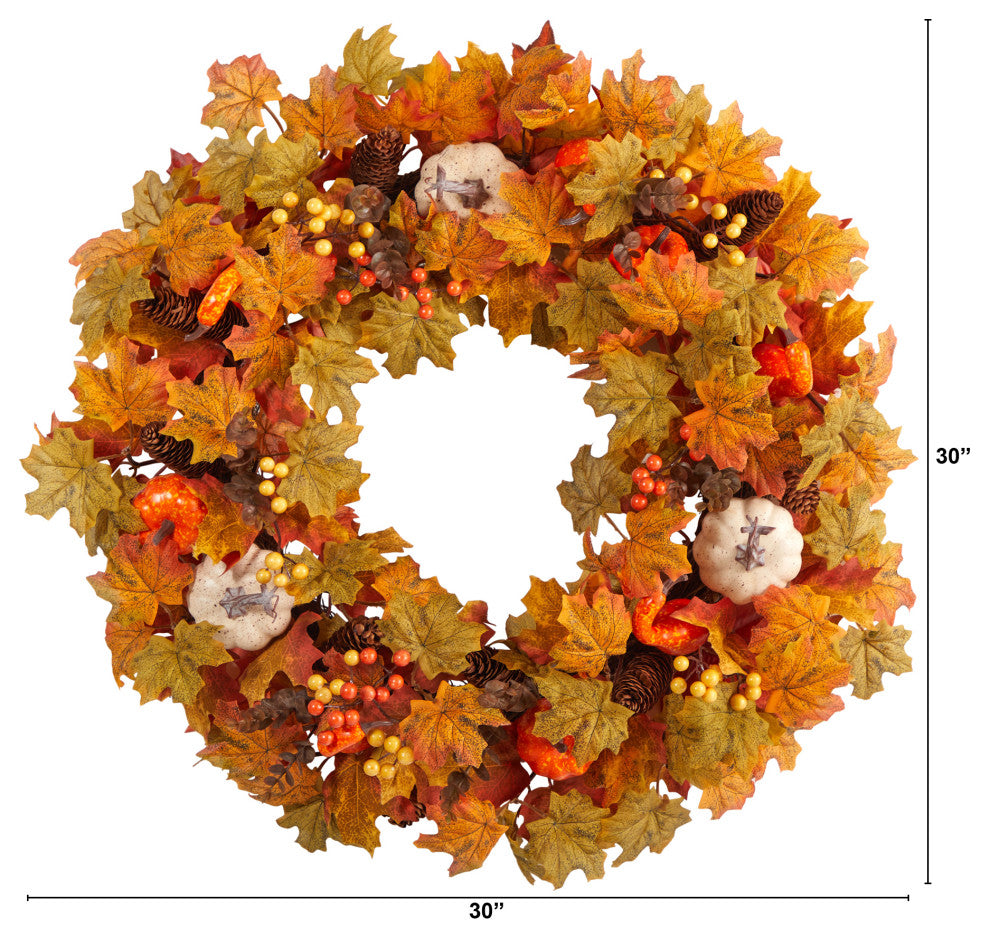 30" Autumn Pumpkin and Maple Leaf Artificial Fall Wreath