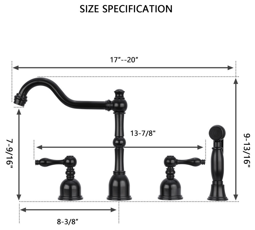 Two-Handles Copper Widespread Kitchen Faucet with Side Sprayer, Matte Black