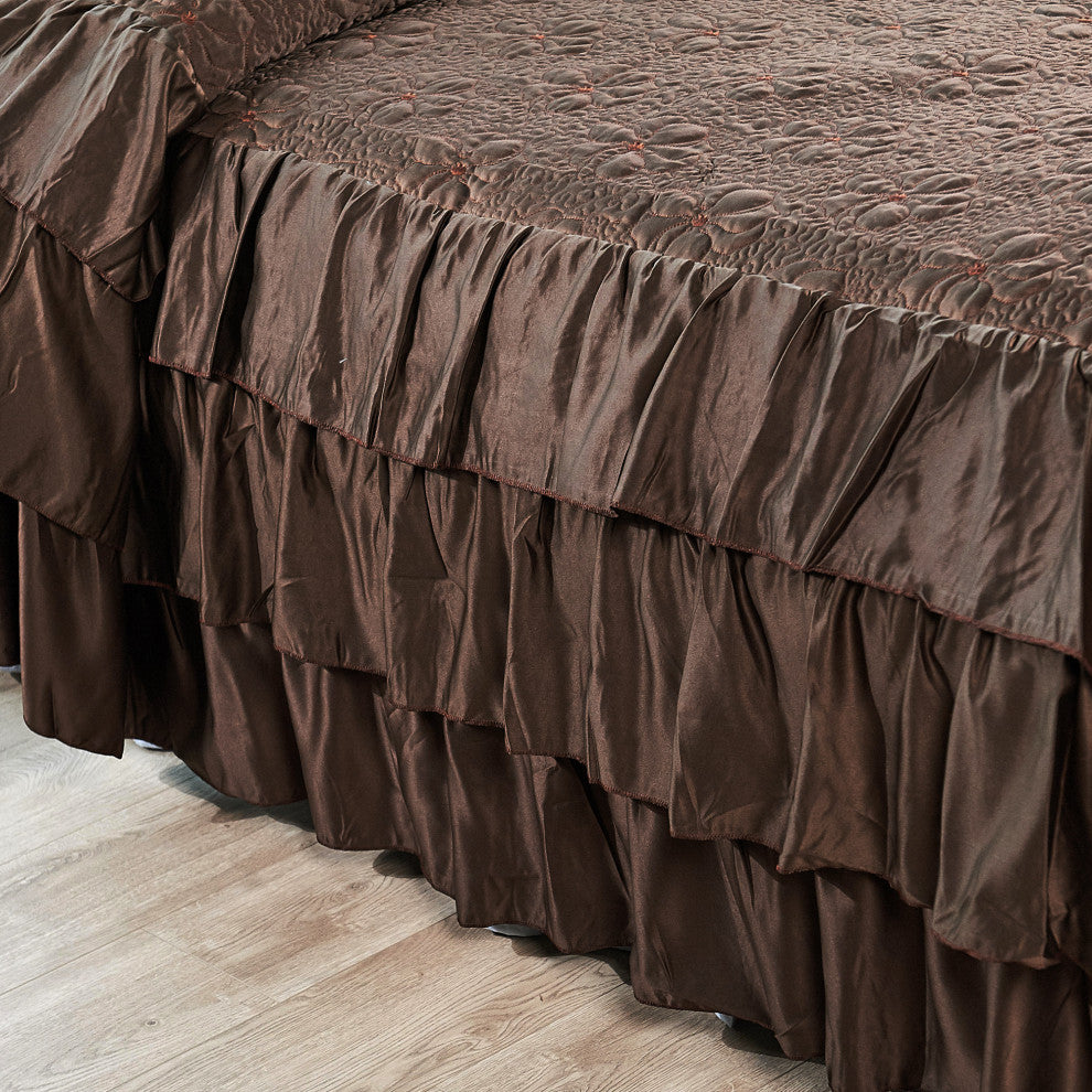 Matte Satin Ruffle 4 Piece Bed Spread Set, Chocolate, Queen