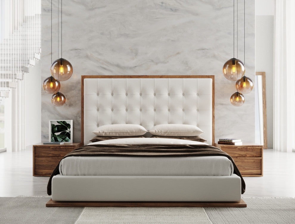 Modrest Amberlie White Vegan Leather and Walnut Bed, Queen