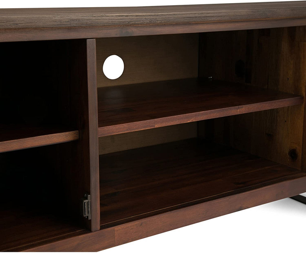 Industrial TV Stand, Metal Legs and Acacia Wood Body, Distressed Charcoal Brown