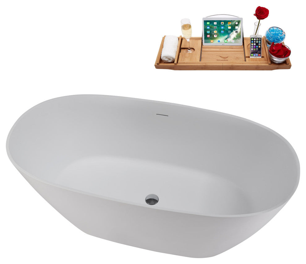 59" Streamline NS5820CH Matte White Stone Resin Bathtub, Tray With Chrome Drain