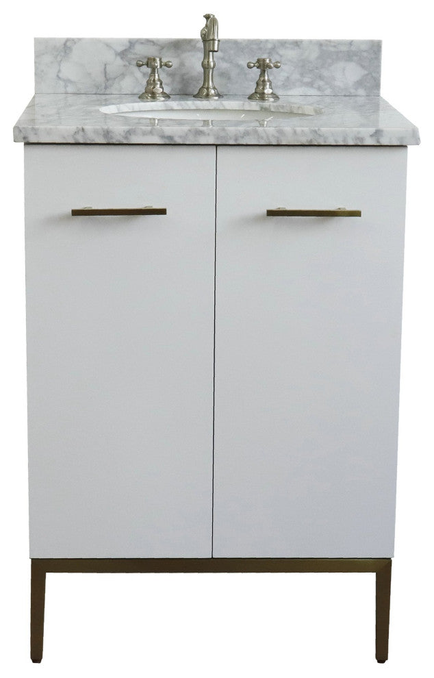 25" Single Sink Vanity, White Finish With White Carrara Marble And Oval Sink