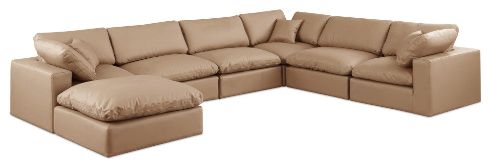 Comfy Upholstered U-Shaped Modular Sectional, Tan, 7-Piece: 3 Armless Chair, 3 Corner Chair, 1 Ottoman, Vegan Leather