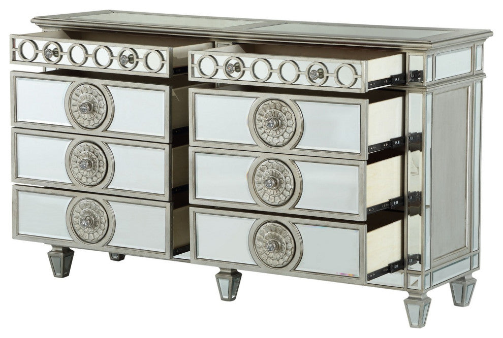 Benzara BM251278 Dresser With Mirror Front 8 Drawers and Sunburst Motifs, Silver