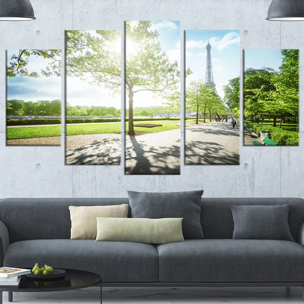 Paris Eiffel Towerat Sunny Morning, Landscape Canvas Print, 60"x32", 5 Panels