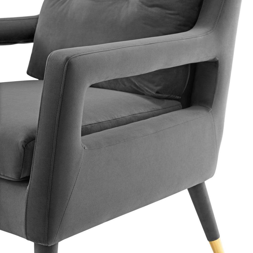 Modern Lounge Accent Side Chair Armchair, Velvet Fabric Wood, Grey Gray