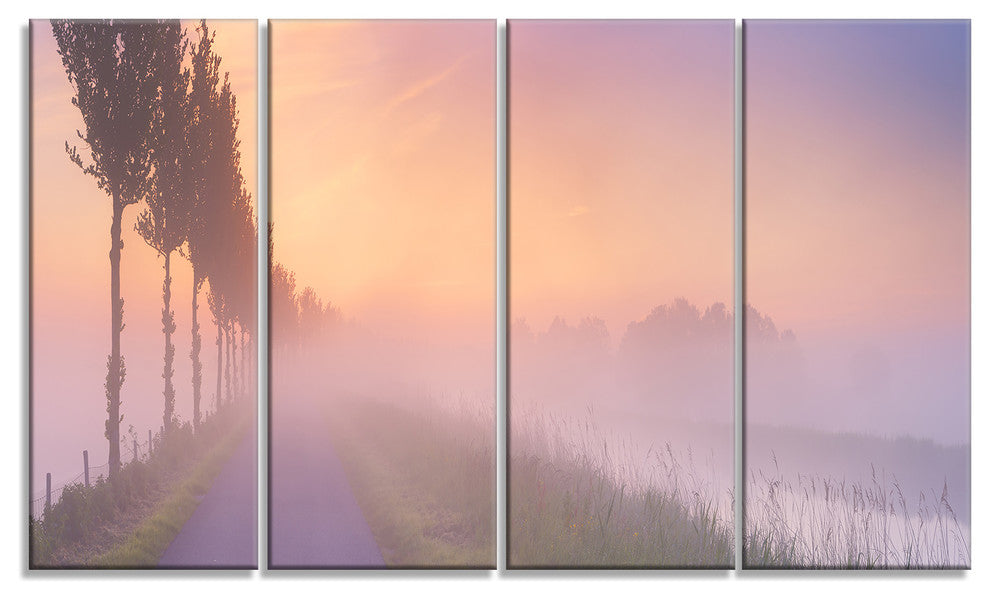 "Foggy Sunrise in The Netherlands" Wall Art Landscape, 4 Panels, 48"x28"