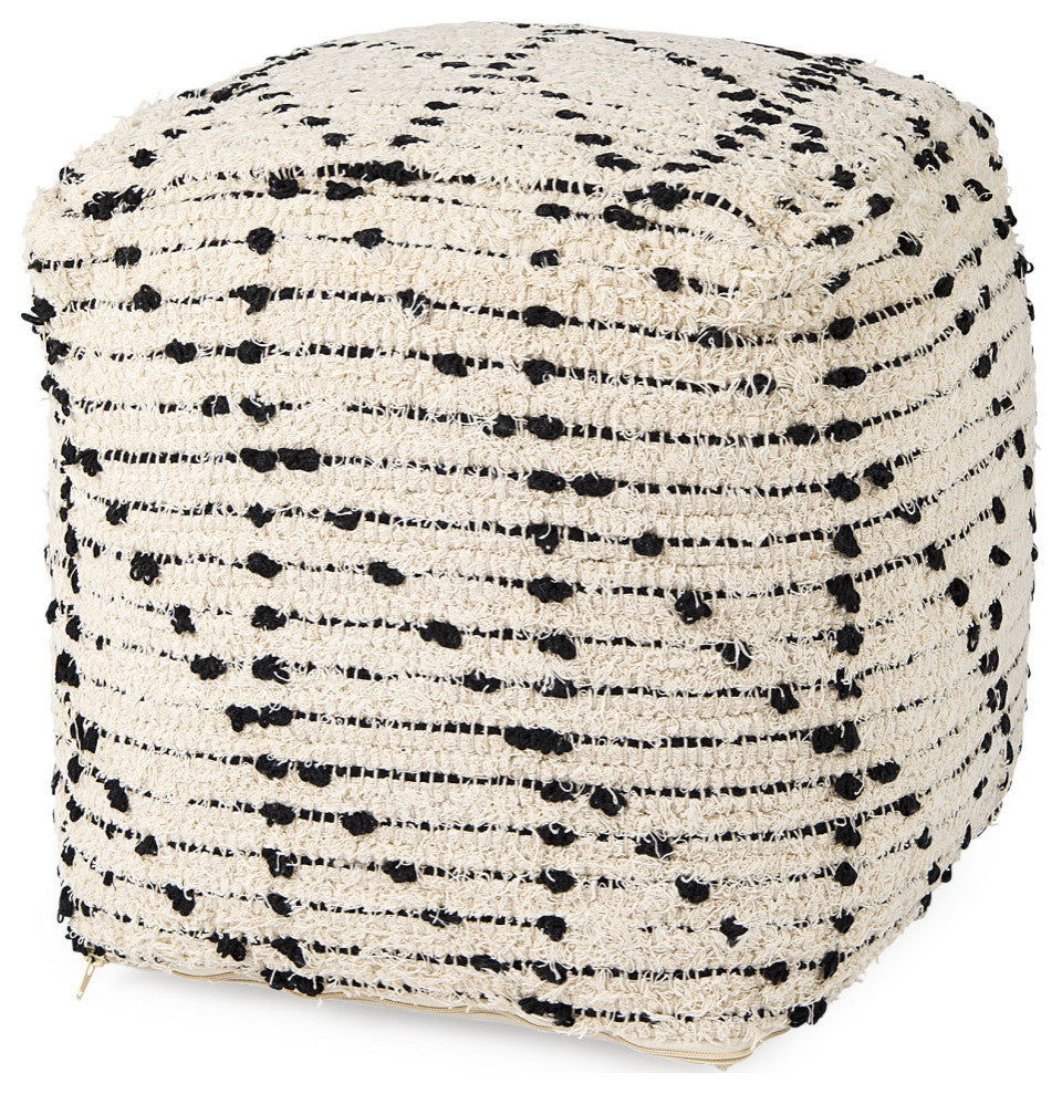 Aarohi 16.0Lx16.0Wx16.0H Cream/Black Cotton Patterned Pouf