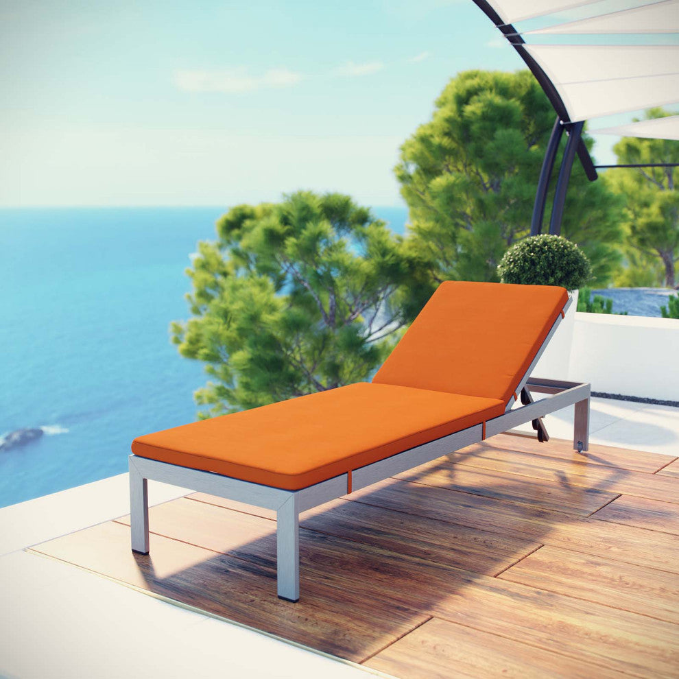 Lounge Chair Chaise, Aluminum, Metal, Silver Orange, Modern, Outdoor Patio Cafe