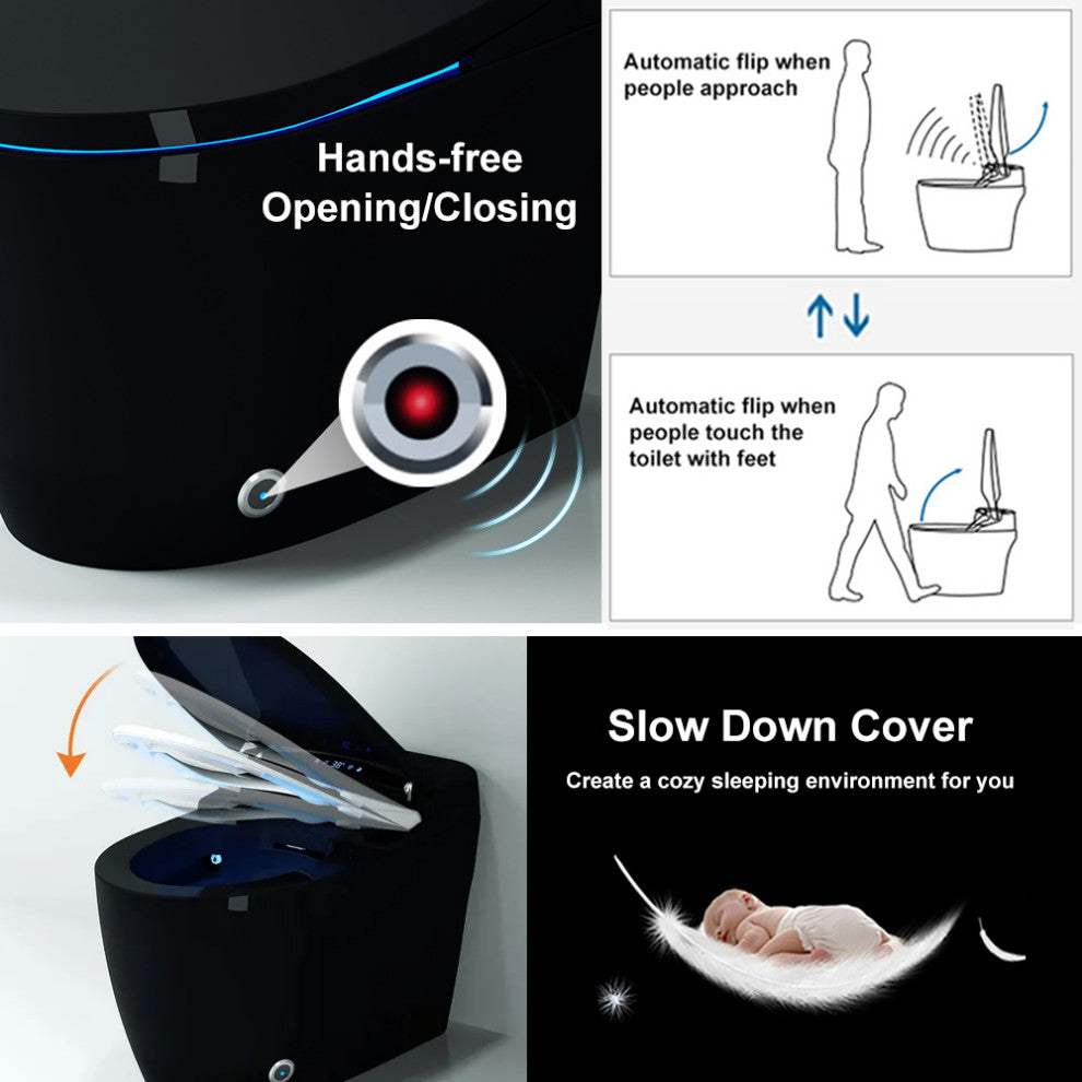One-Piece Elongated Black Smart Toilet Floor Mounted Automatic Toilet Self-Clean