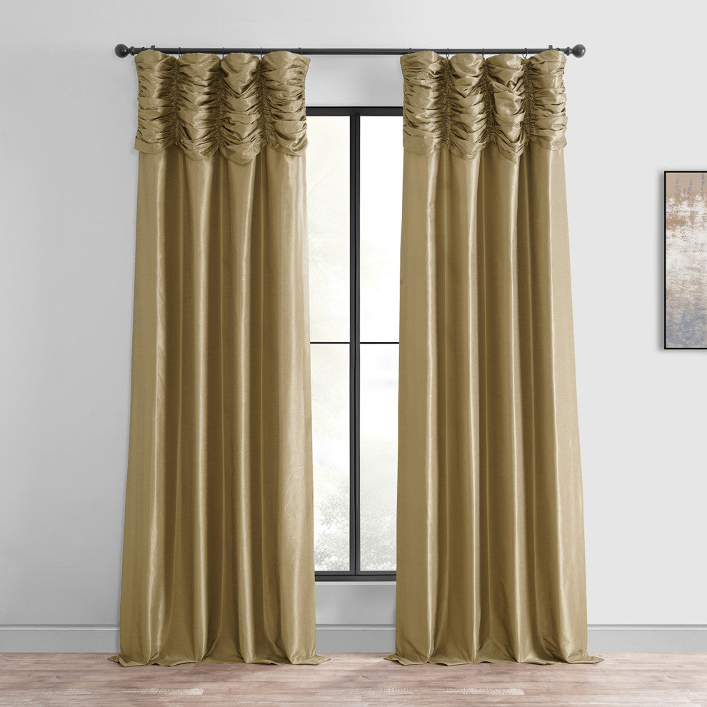 Ruched Vintage Faux Dupioni Silk Curtain Single Panel, Flax Gold, 50" X 84"