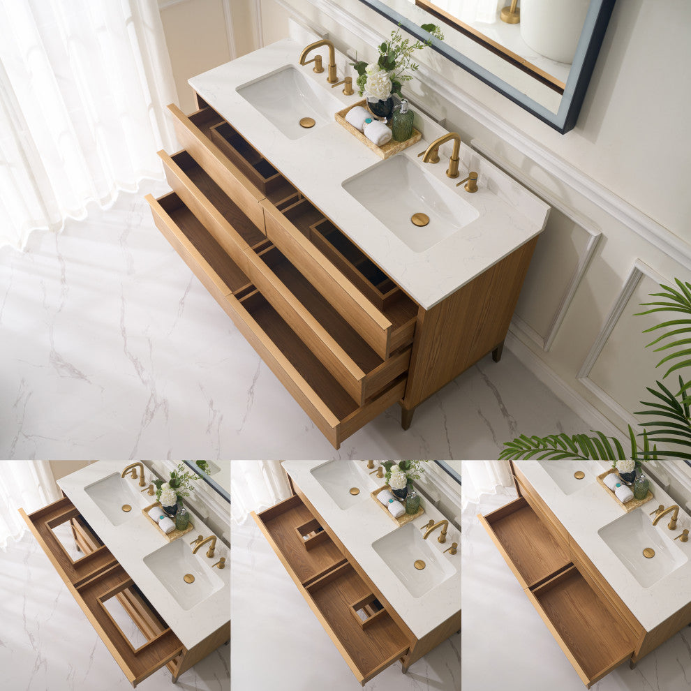 Nolan Freestanding Bathroom Vanity with Quartz Top, Light Oak, 60"