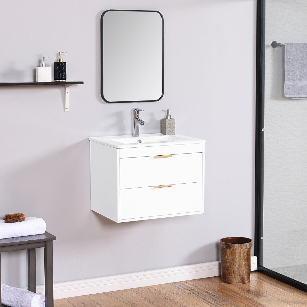24" MDF Wall Mounted Bath Vanity, Integrated Ceramic Sink, White