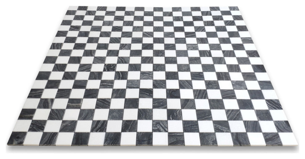 Silver Wave Black Forest Thassos White Marble Checkerboard Tile Polish, 1 sheet