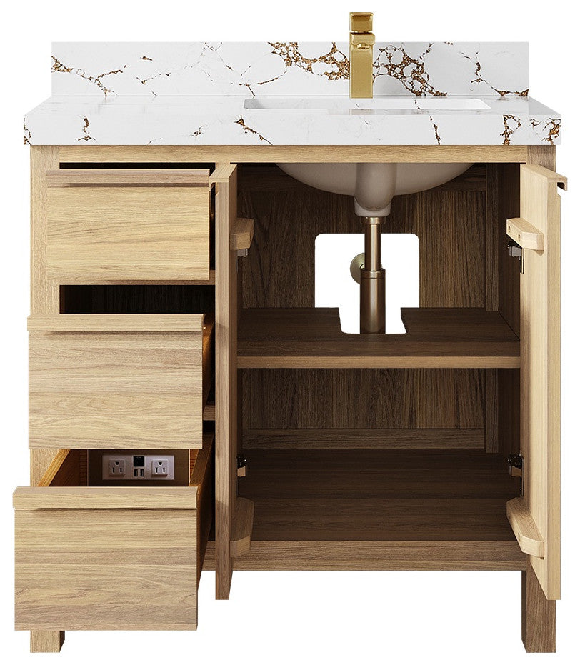 Elizabeth Oak 36" Right Offset Sink Vanity, White 2" Viola Brown