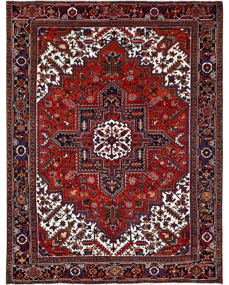 Tomato Red Pure Wool Hand Knotted Semi Antique Persian Heriz Rug 8'5"x10'9"