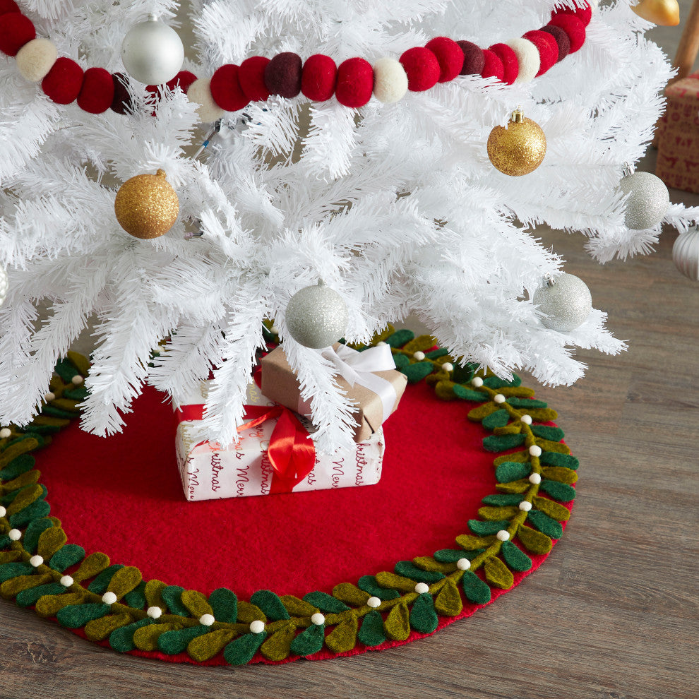 Mistletoe Border on Red Mini Christmas Tree Skirt - 26"