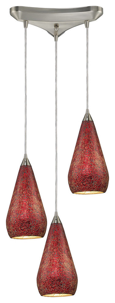 Curvalo 3-Light Satin Nickel Pendant, Ruby Crackle